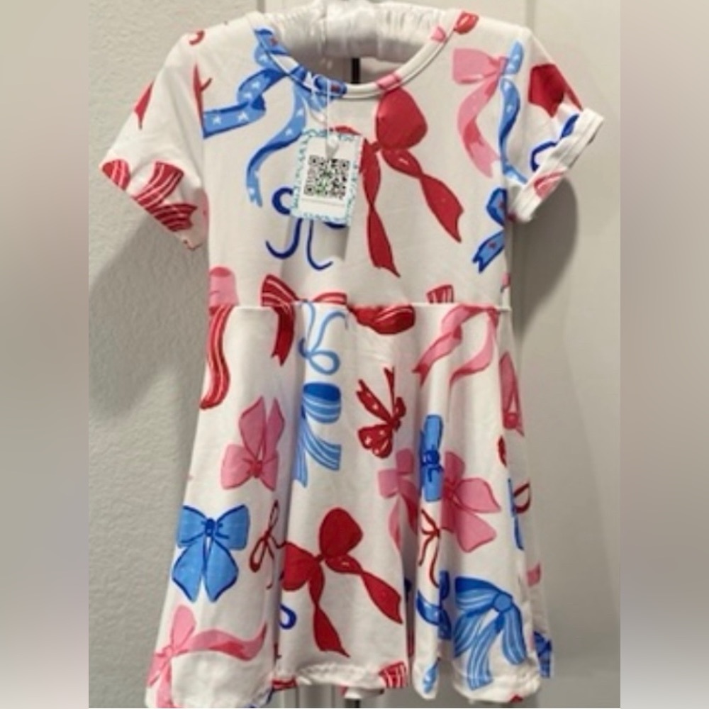 Rylee Faith Designs Patriotic Bow Toddler Girl’s Dress in Red, White Blue Pink 2